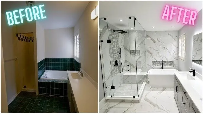 Bathroom transformation: from dated to luxurious, with new flooring, lighting, and wall finishes.