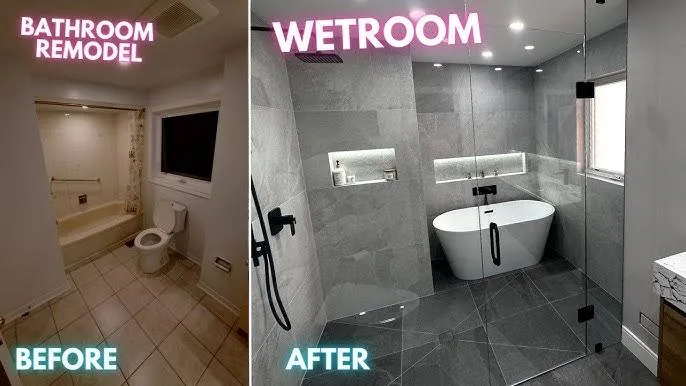 Bathroom renovation featuring a sleek walk-in shower, contemporary vanity, and updated lighting.