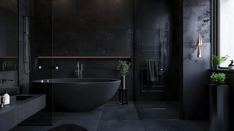 Elegant bathroom remodel with dark walls, a spacious bathtub, and a stylish vanity setup.