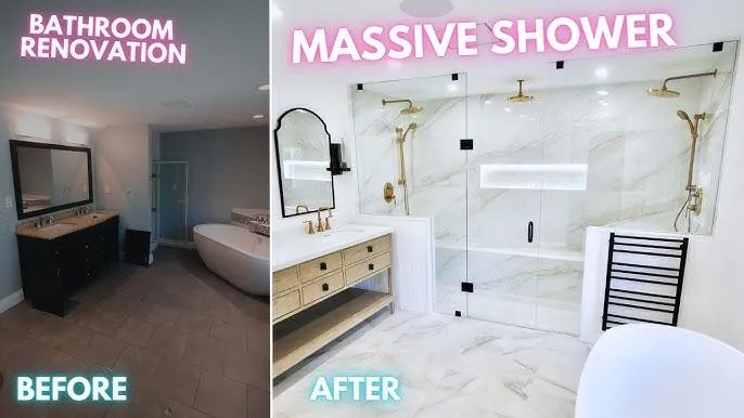 Bathroom transformation with new flooring, vanity, and modern fixtures.