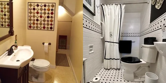 Bathroom renovation showcasing a contemporary style, complete with a tub and toilet, and a large mirror.