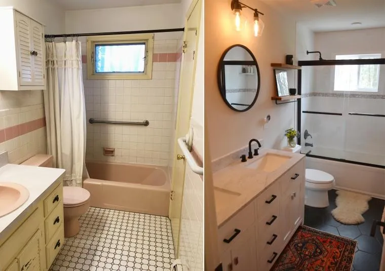 Bathroom renovation showcasing updated finishes and fixtures, including a new tub, vanity, and lighting.