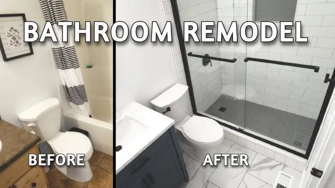 Bathroom remodel with new flooring, shower enclosure, and contemporary design elements.