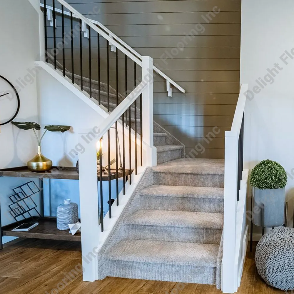 Staircase with carpeted treads and risers, offering both aesthetics and functionality.
