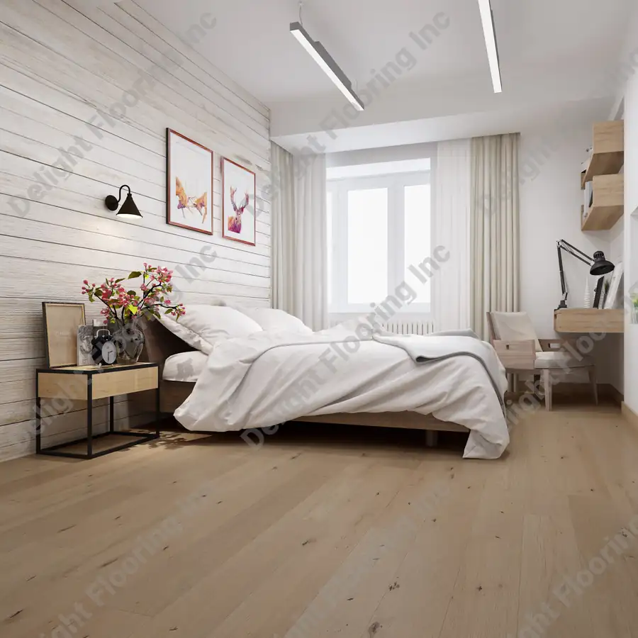 Hardwood flooring features visible grain and a consistent pattern across a clean, even installation.