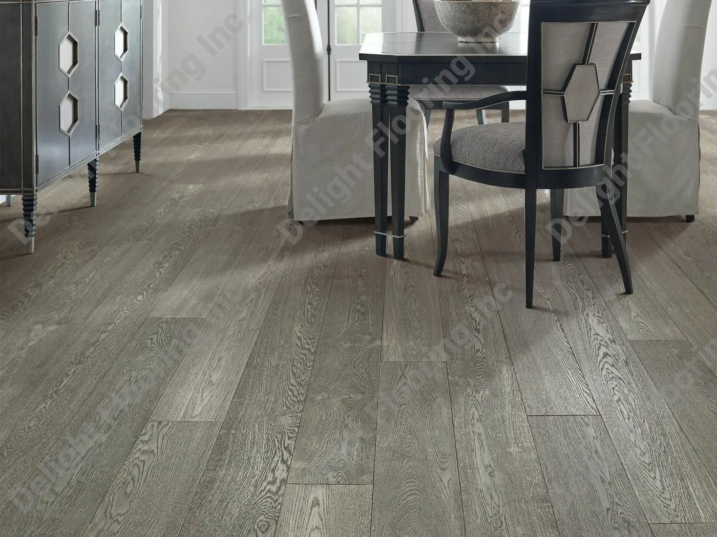 Hardwood flooring features a diagonal layout and visible grain across a clean, even installation.