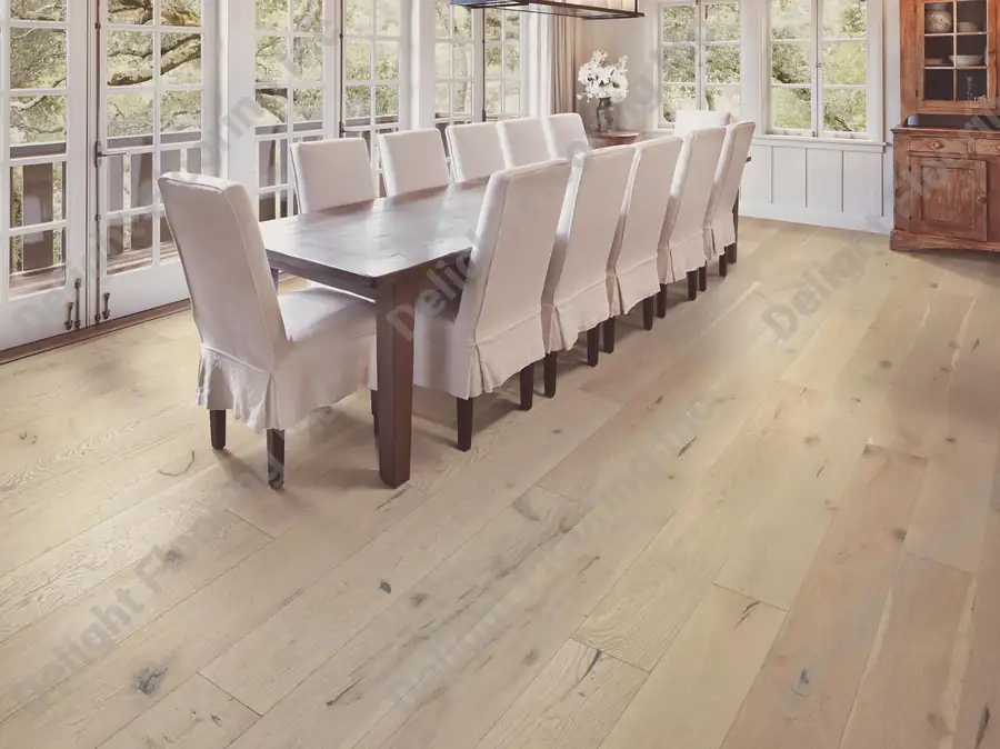 Hardwood flooring features visible grain and a consistent pattern across a clean, even installation.