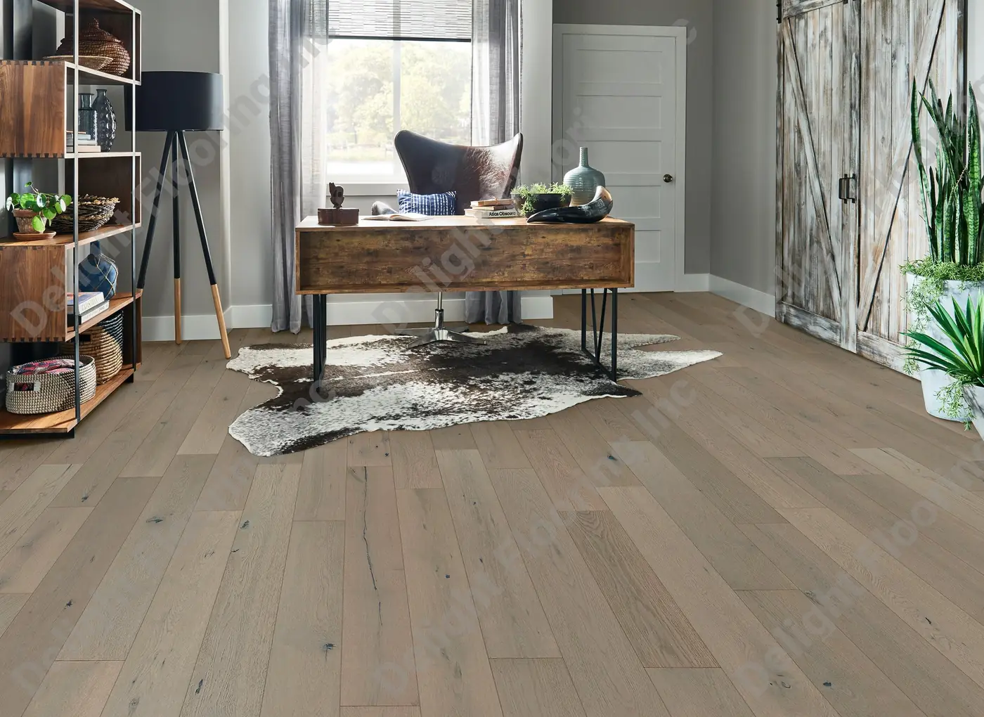 Hardwood flooring features a matte finish across a clean, even installation.