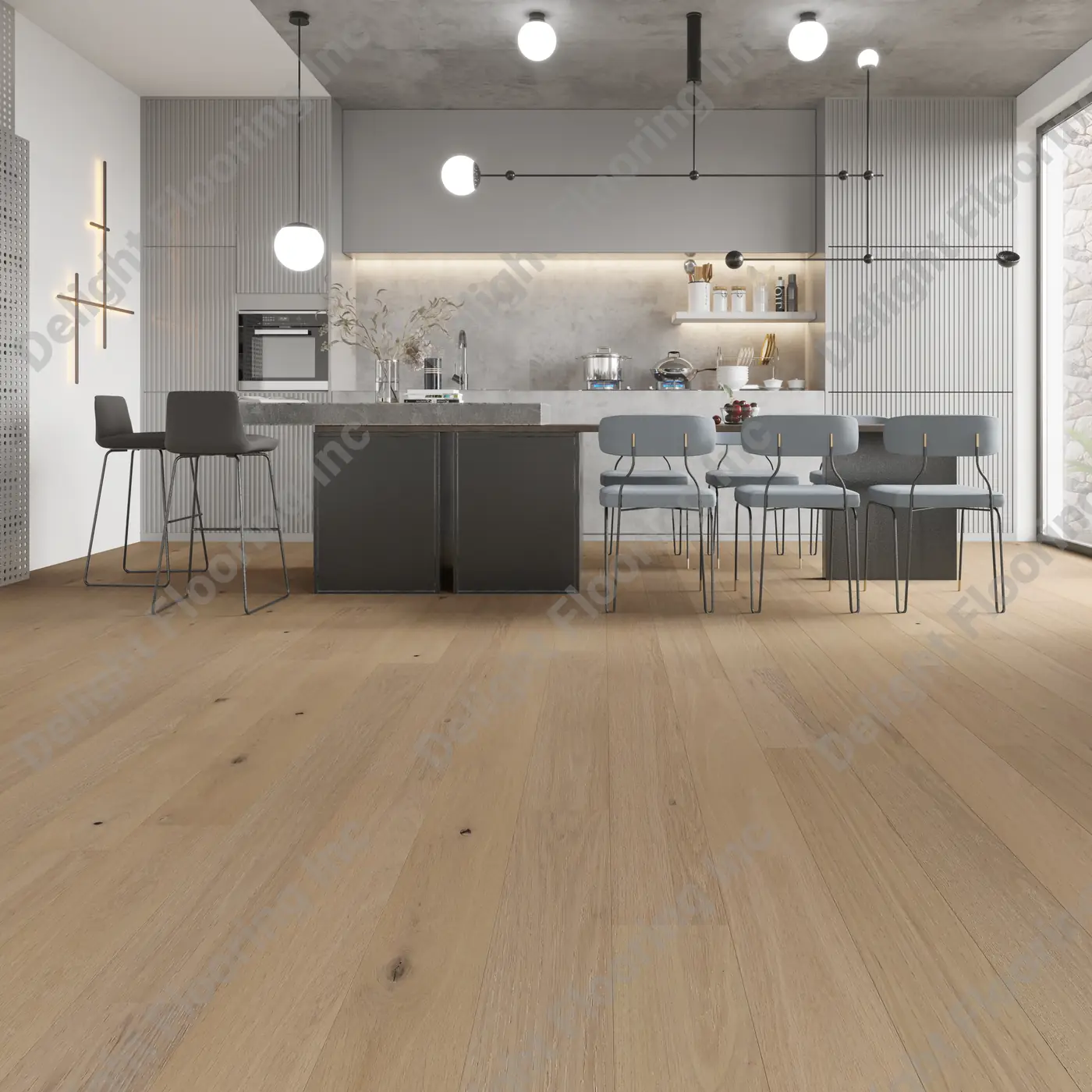 Hardwood flooring features a matte finish across a clean, even installation.