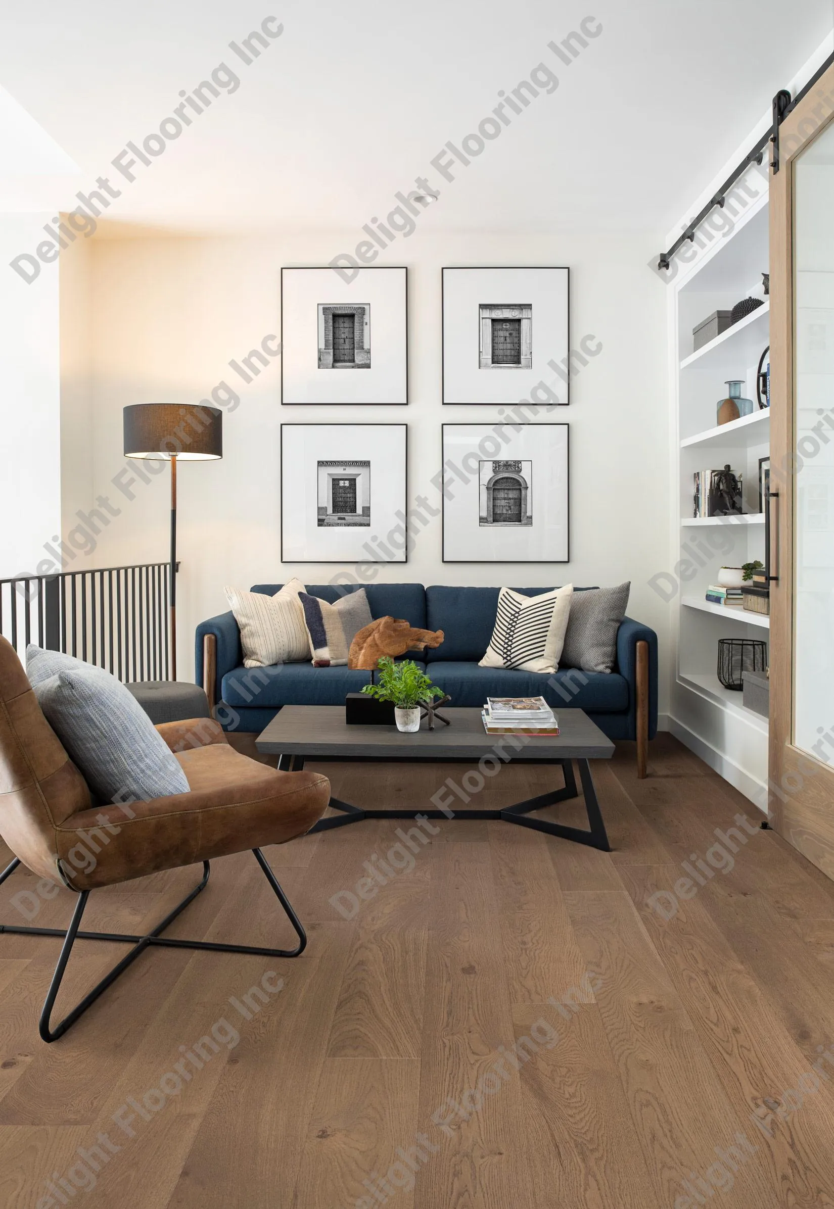 Hardwood flooring features visible grain and a matte finish across a clean, even installation.
