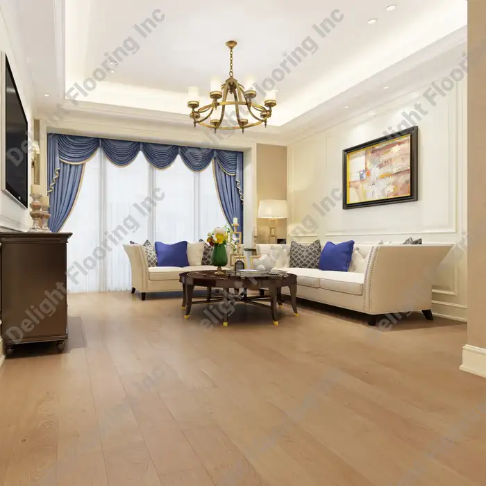 Hardwood flooring features visible grain and a matte finish across a clean, even installation.