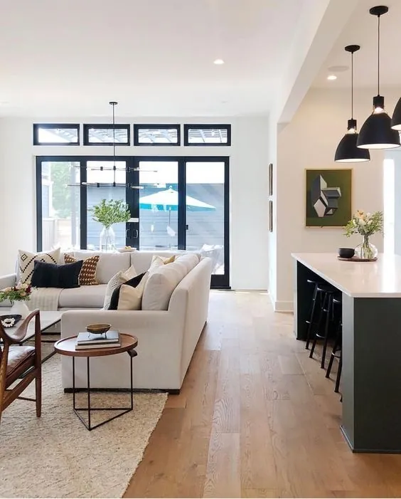 Hardwood flooring features a matte finish across a clean, even installation.