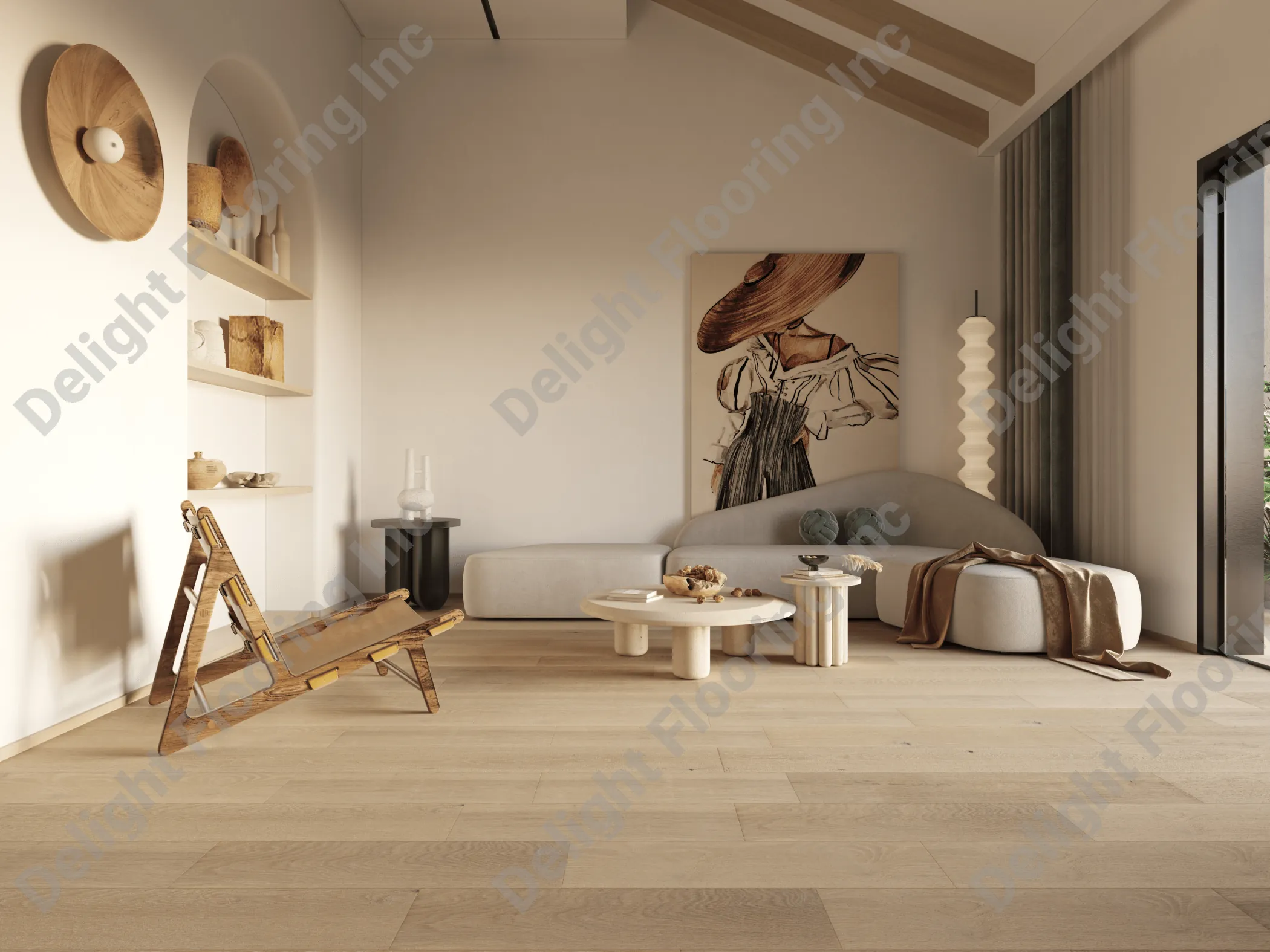Hardwood flooring features aligned planks and a smooth finished surface across a clean, even installation.