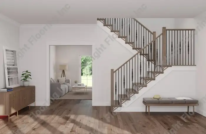 Wooden staircase with hardwood treads and risers.