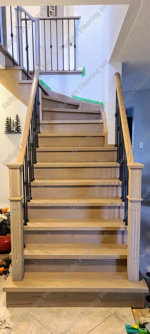 Staircase with wooden treads and risers.