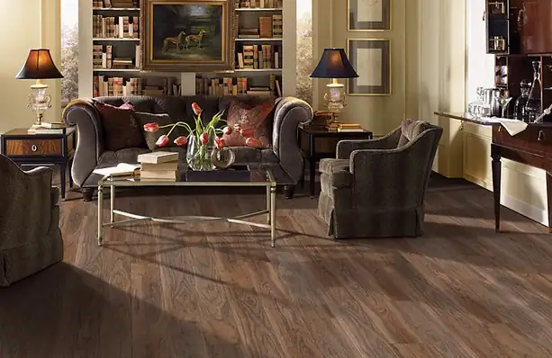 Vinyl plank flooring shows a diagonal layout and a consistent pattern across the installed area.