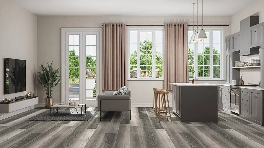 Modern vinyl plank flooring with a dark grey color and linear pattern.