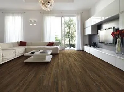 Vinyl plank flooring shows a diagonal layout and a subtle surface sheen across the installed area.